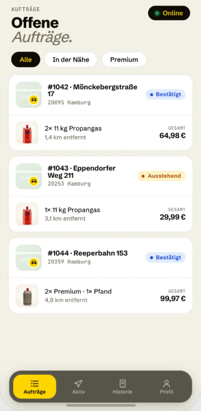 Propanium Fahrer-App — offene Aufträge mit Entfernung und Status