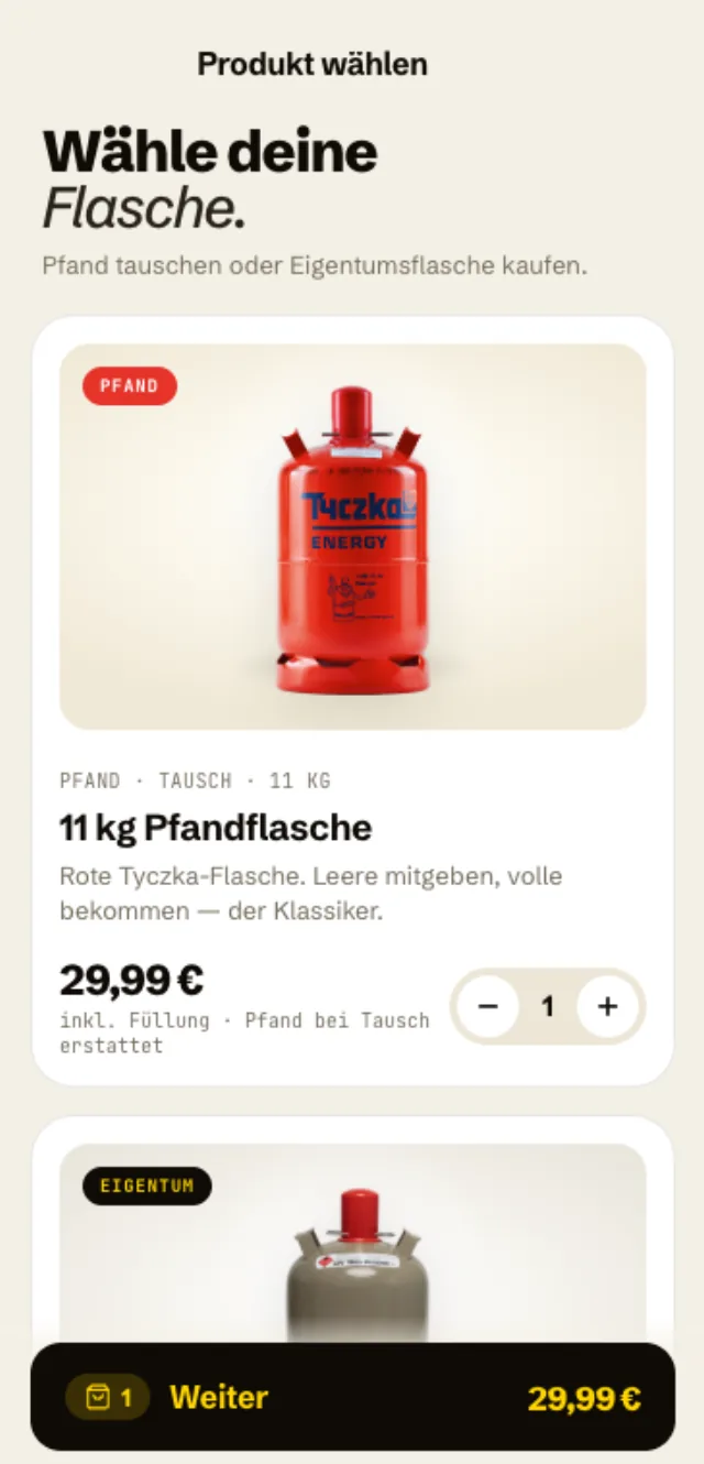 Propanium App — Produktauswahl der Gasflaschen